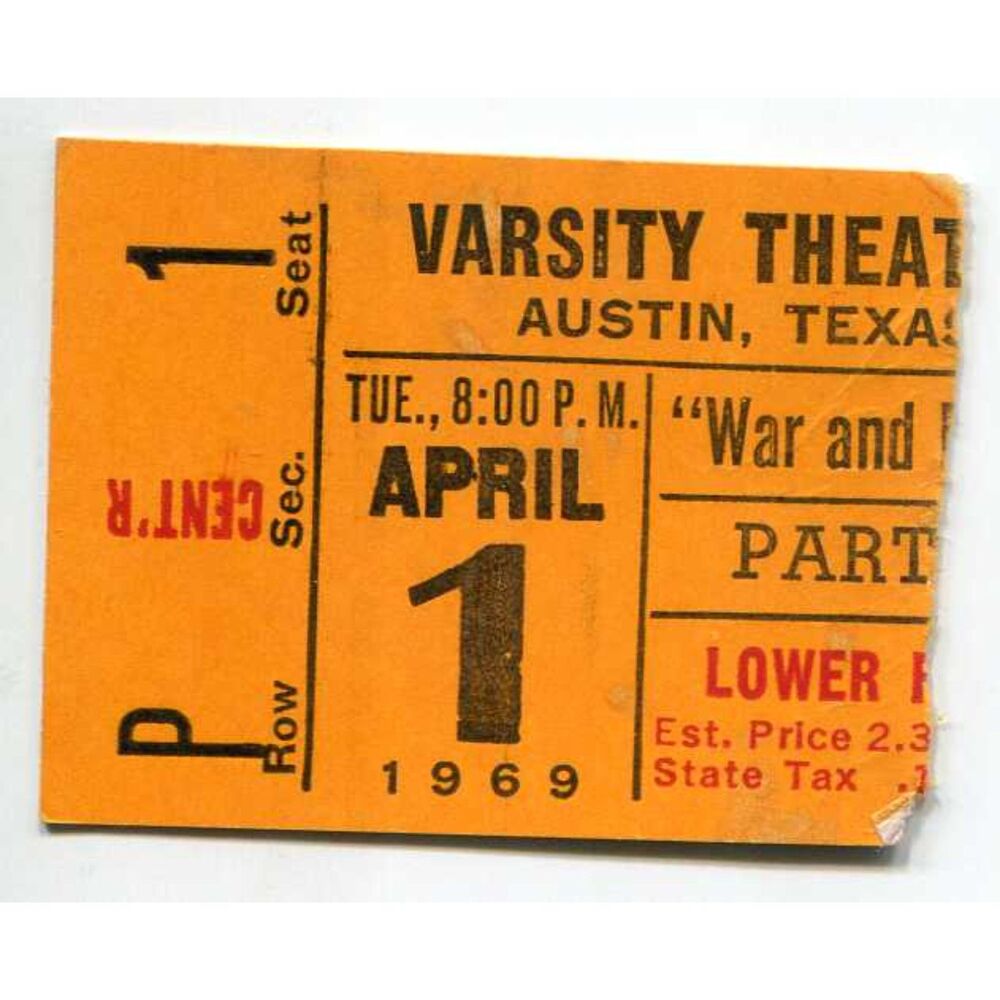 Vintage 1969 War and Peace Cinema Ticket Stub Austin TX